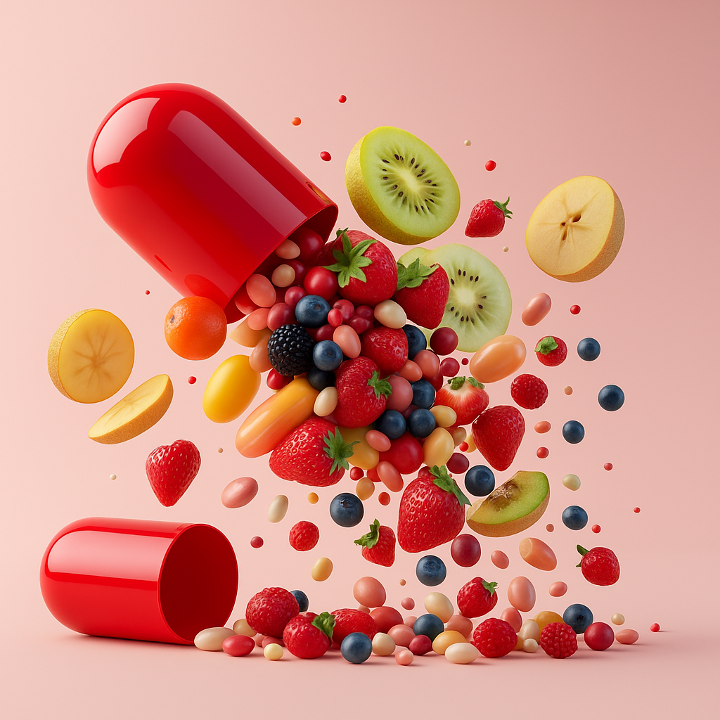 Antioxidants spilling from a red capsule with assorted fruits, representing immunity support and wellness.