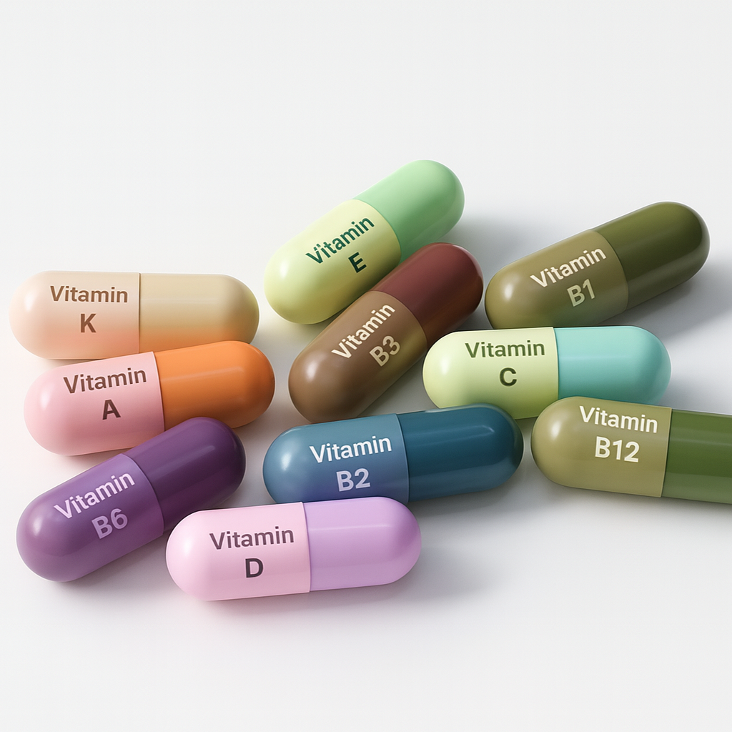 Collection of multivitamins including Vitamin A, B, C, D, E, K, and B12 for daily health support.