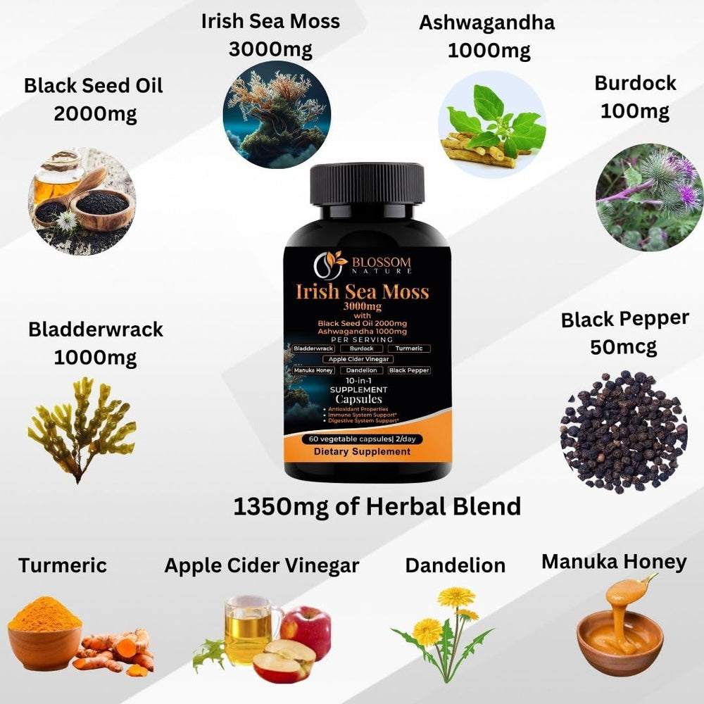 Supplement ingredients including Ashwagandha, Bladderwrack, Burdock and Turmeric