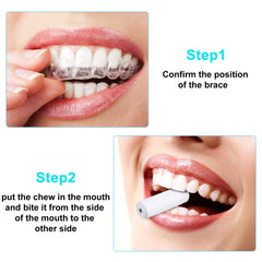 Close-up of orange, pink, and purple silicone aligner seaters