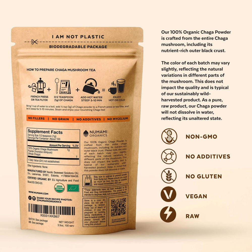 Container of Organic Chaga powder with 100 servings