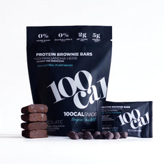 100Cal Protein Bar Chocolate Brownie pack shows gluten-free keto snack for weight management