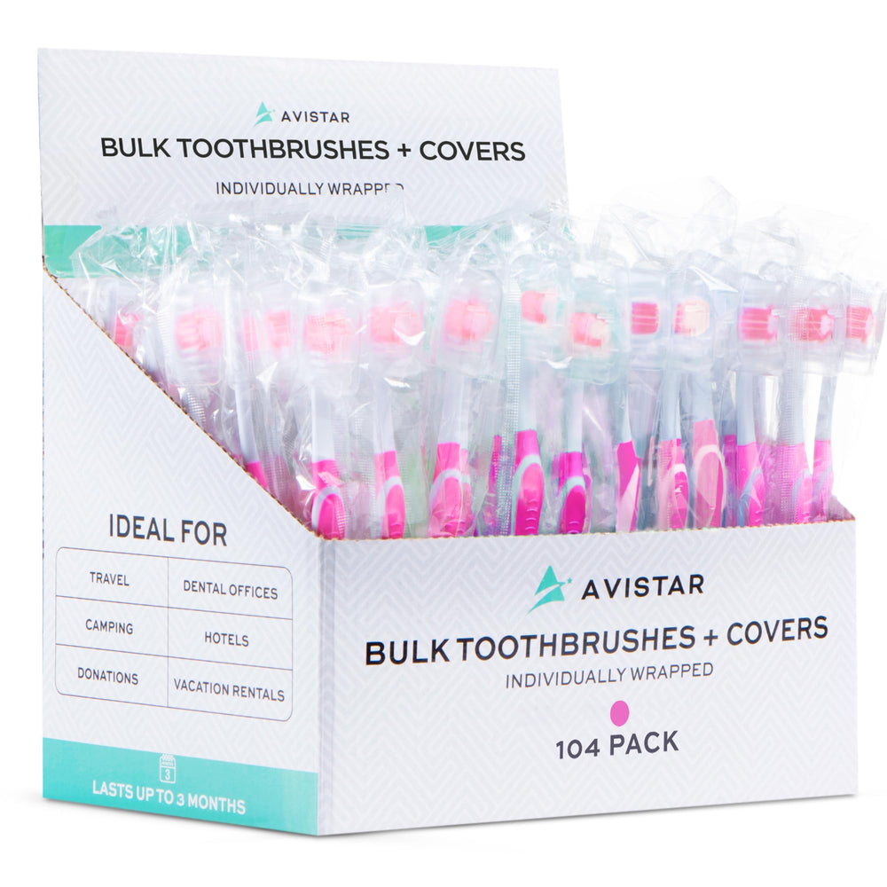 Front view of 104-pack bulk toothbrushes with pink caps in a sealed case.