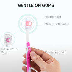 Individually wrapped toothbrushes with pink caps for hygiene.