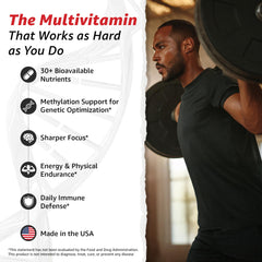 Close-up of capsules from 10X Health System Optimize Multivitamin for Men, highlighting methylated vitamins.