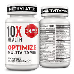 10X Health System Optimize Multivitamin for Men bottle on counter for daily wellness.