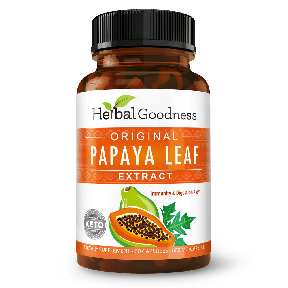 Close-up of 10x-strength Papaya Leaf Extract capsules (60-600 mg)