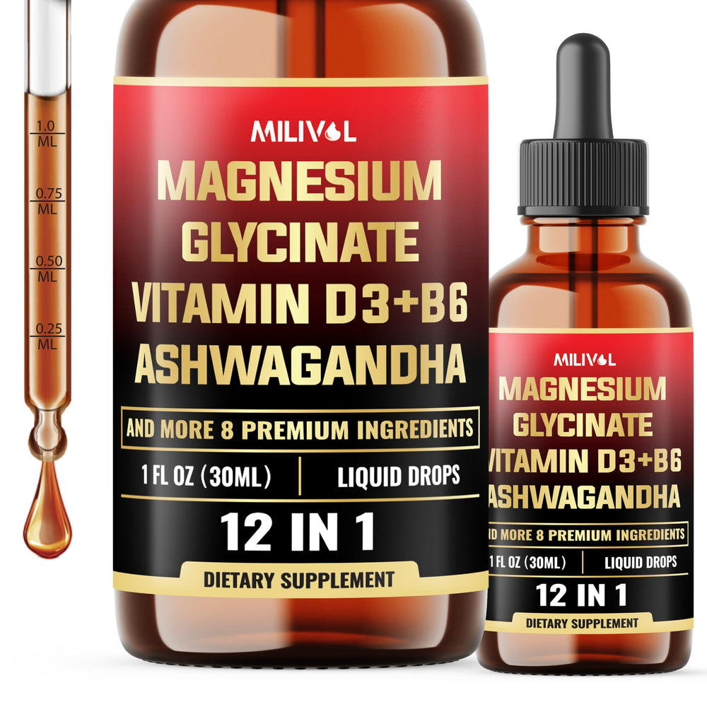 Front view of 12in1 Magnesium Glycinate Liquid Drops 1oz bottle