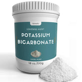 Front view of 18 oz potassium bicarbonate powder packaging