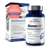 Bottle of BiomeMD Probiotics with label detailing 62B CFUs and 15 strains.