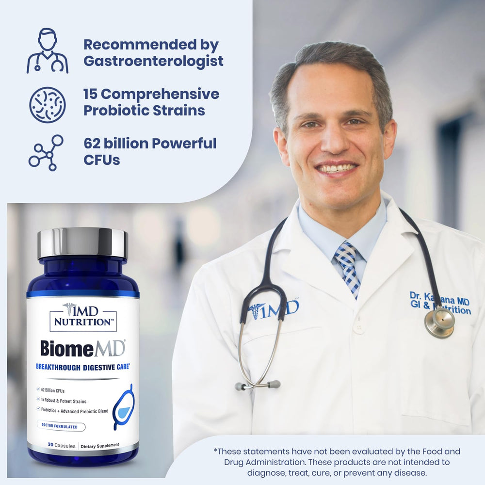 Close-up of BiomeMD probiotic capsules highlighting digestive health benefits.