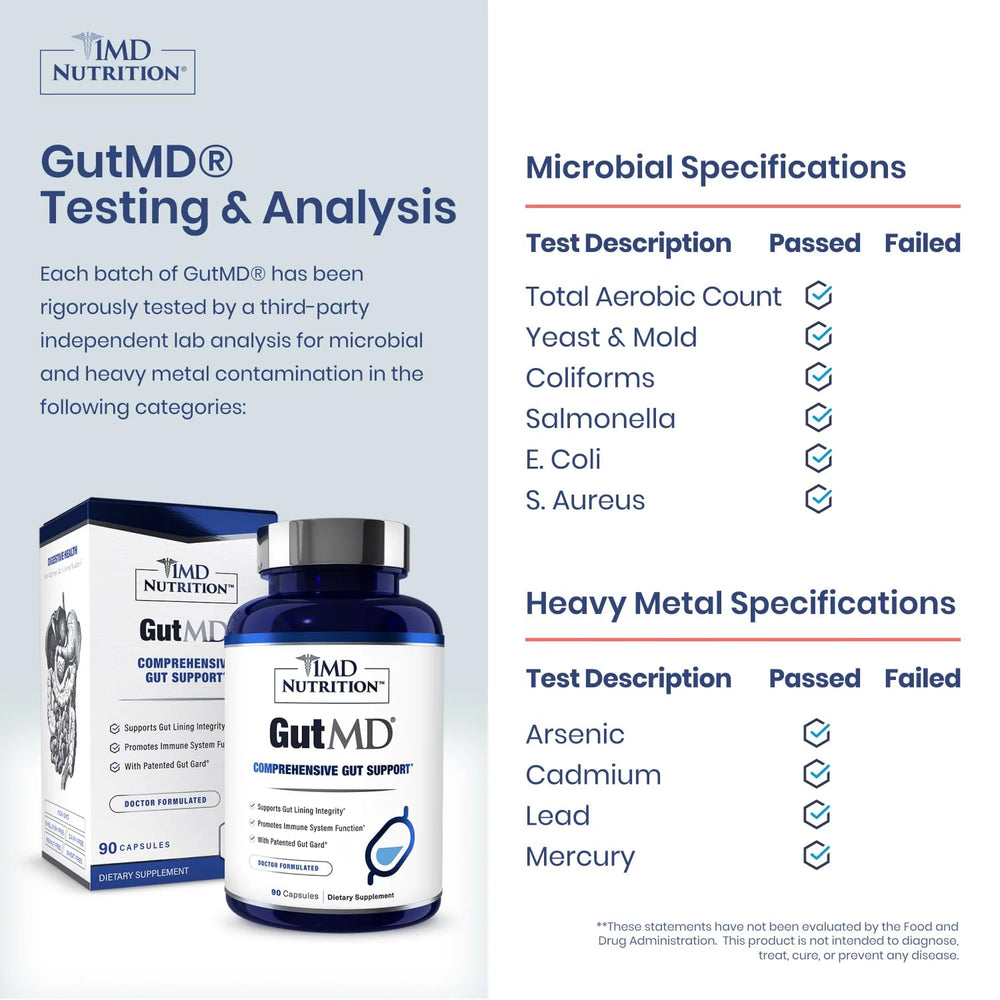 1MD GutMD bottle side label emphasizes capsule count and daily gut support.