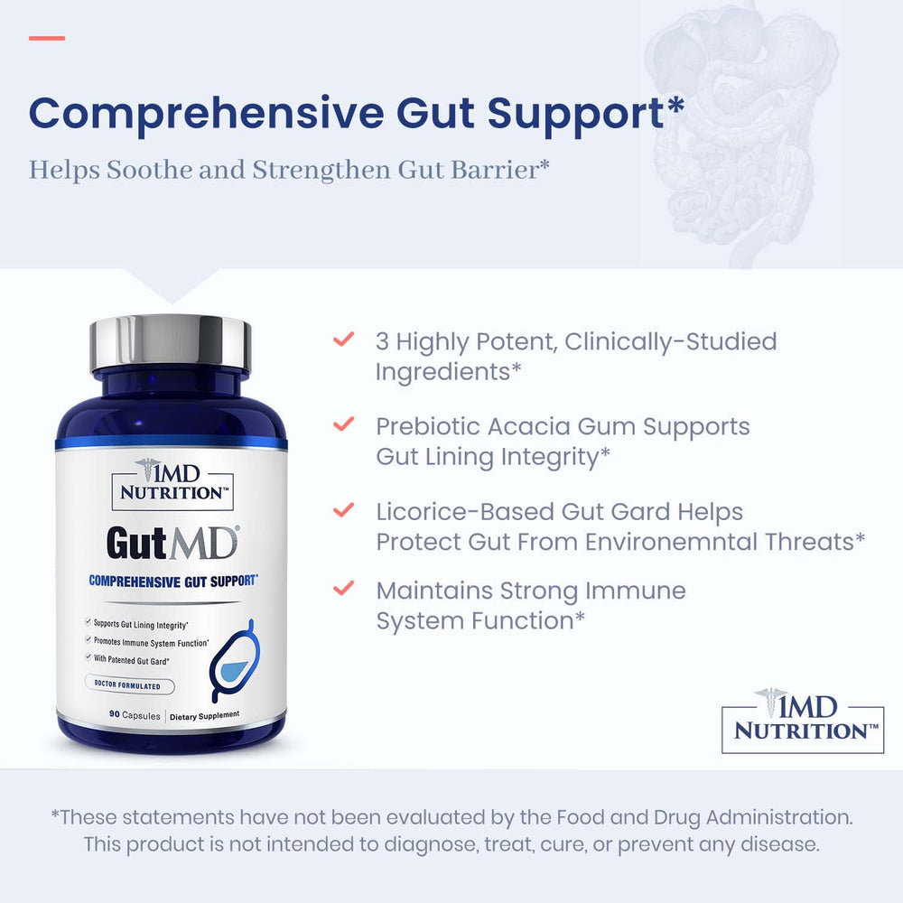 1MD GutMD acacia gum ingredient image highlights microbiome nourishment and barrier support.