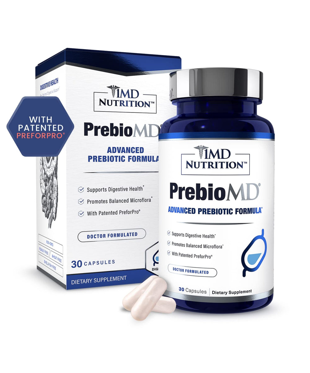 Front view of 1MD Nutrition PreBioMD bottle