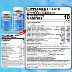 Ingredients panel showing enzymes, probiotics, vitamins