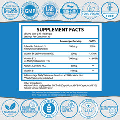 Close-up of ingredients: Acetyl L-Carnitine, B1, B6, B12, and Folate