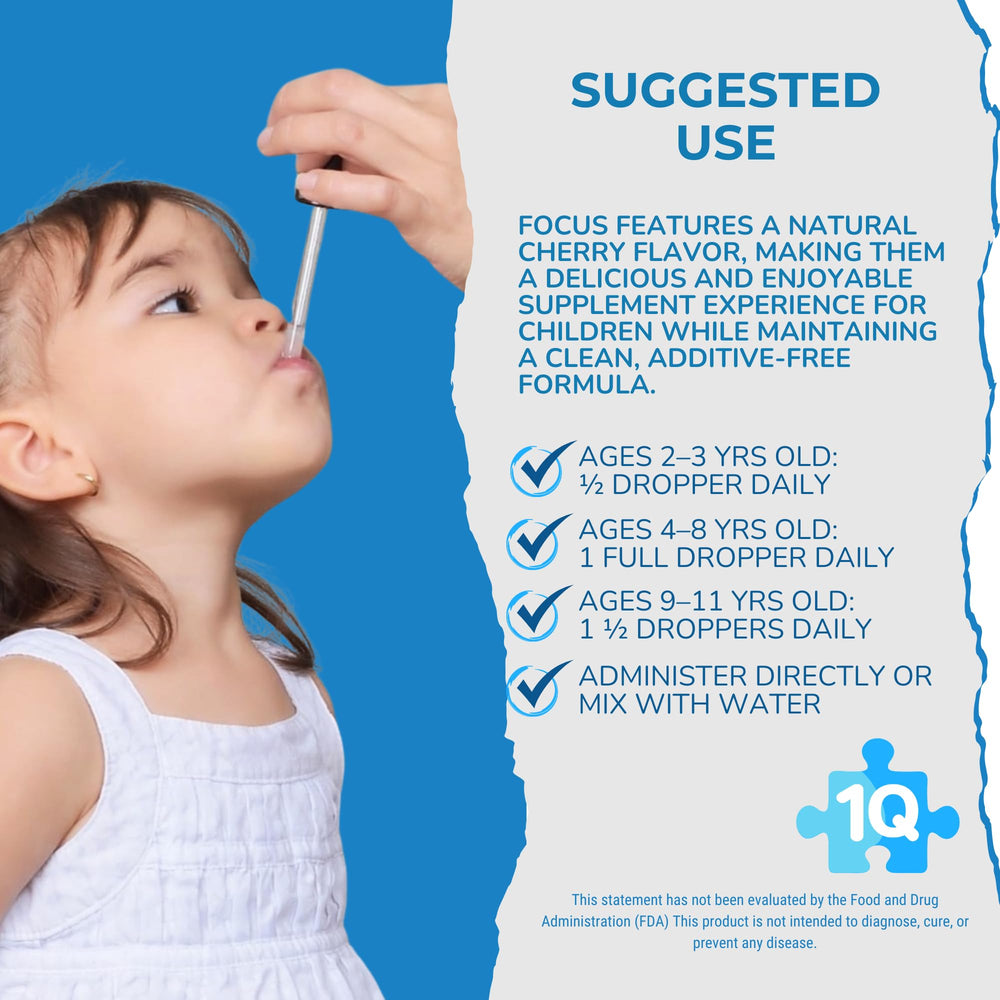 Label showing sugar-free, vegan, gluten-free features on 1Q Focus