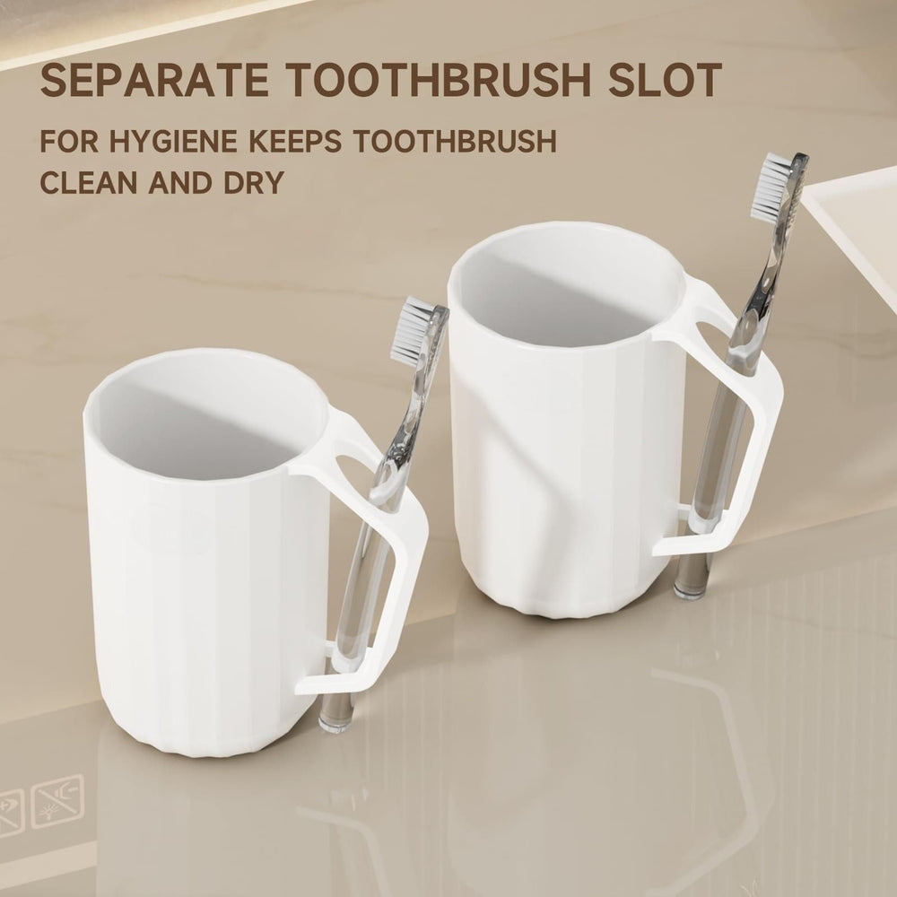Toothbrush case paired with cup on bathroom sink countertop