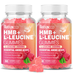 Two-pack HMB and L-Leucine gummies Raspberry flavor bottle front