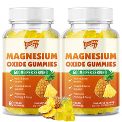 Front view of the 2-pack Magnesium Oxide 500mg Gummies bottle with pineapple flavor