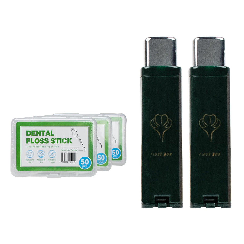 Two-pack portable dental floss dispenser in green – front view