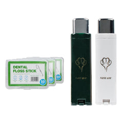 Front view of white and green 2-pack portable dental floss dispenser