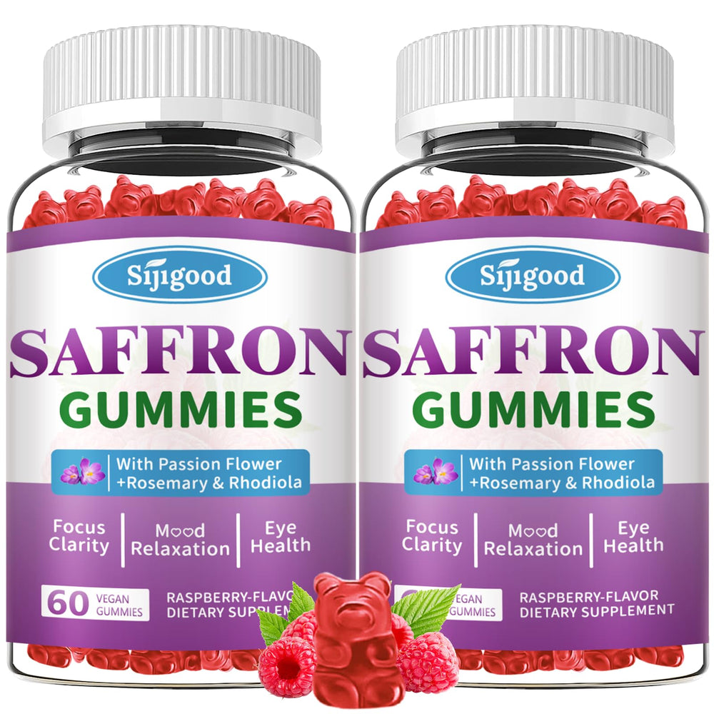 Two packs saffron gummies bottle with raspberry flavor label