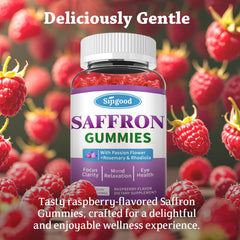 Calm lifestyle scene with saffron gummies and raspberry flavor