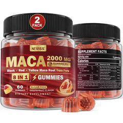Front view of 2-pack sugar-free maca root gummies bottle