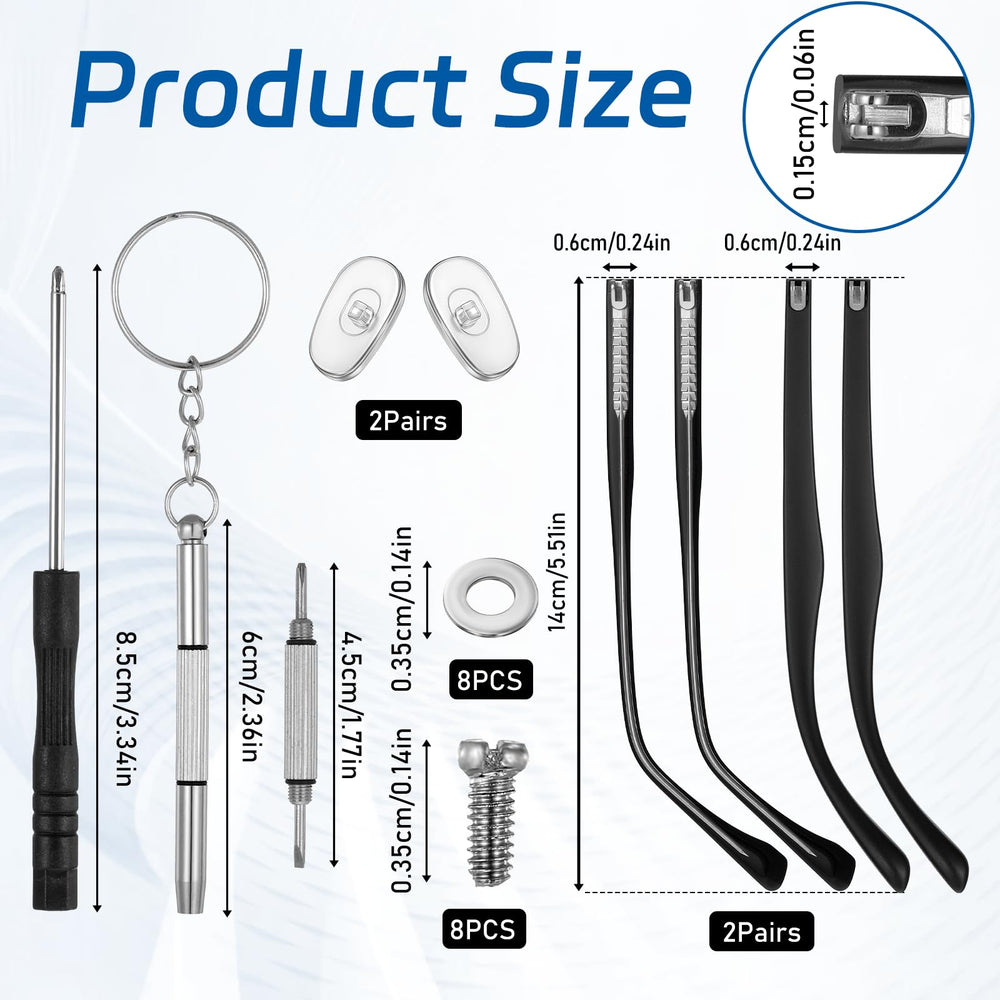 Repair kit components: nose pads, screws, washers, screwdriver