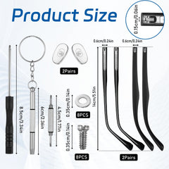 Repair kit components: nose pads, screws, washers, screwdriver