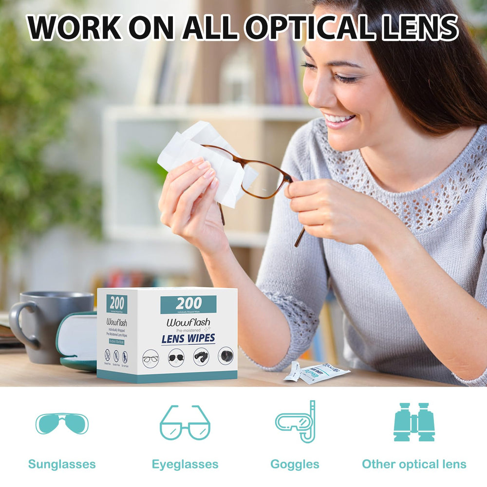 Close-up of pre-moistened eyeglass lens wipe