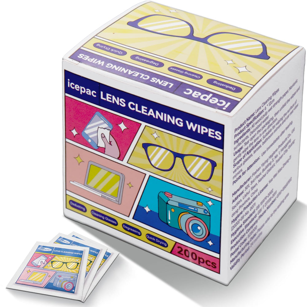 Front packaging of 200 piece pre-moistened cleaning wipes for glasses and devices