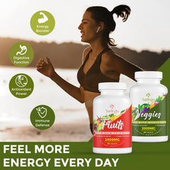 Lifestyle image showing fruits and vegetables beside the supplement bottle