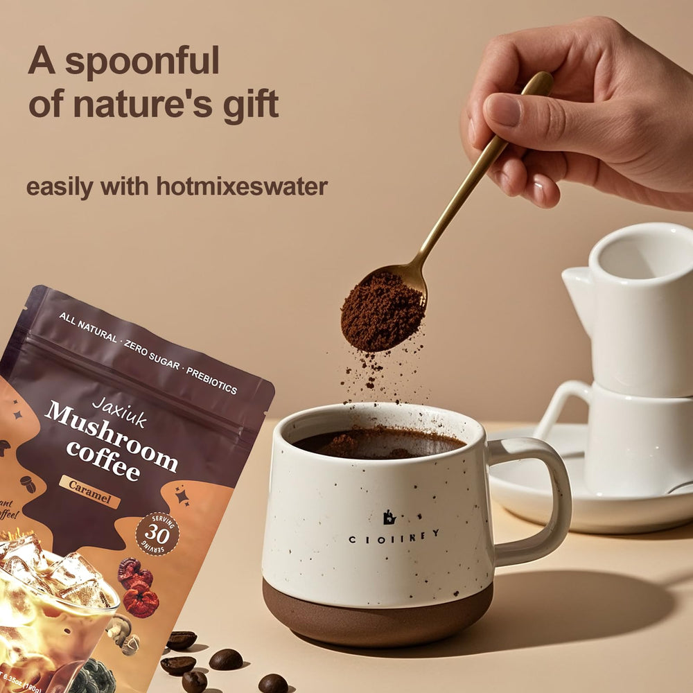 Cup of prepared mushroom coffee ready to brew