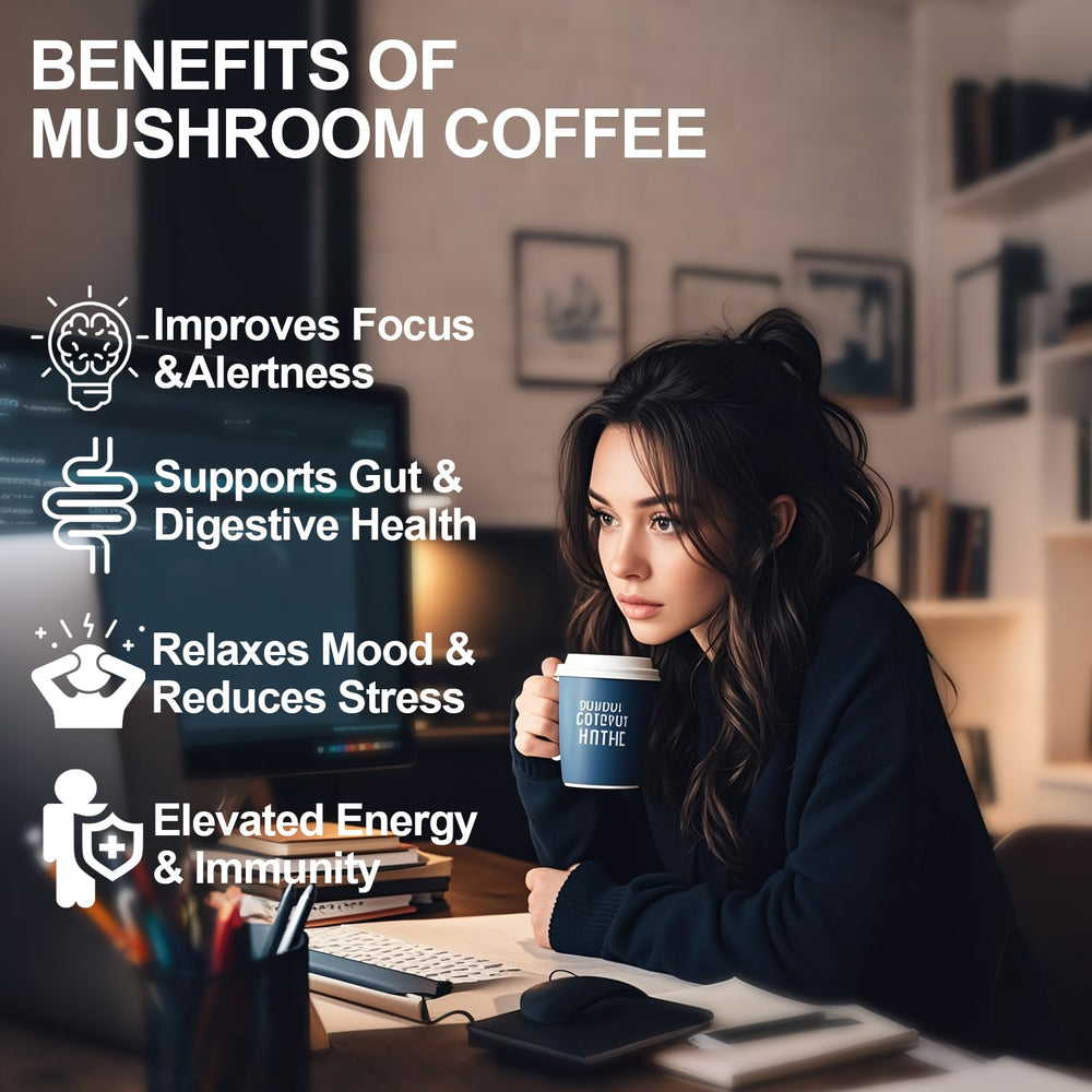 Mushroom coffee highlighting energy and focus benefits