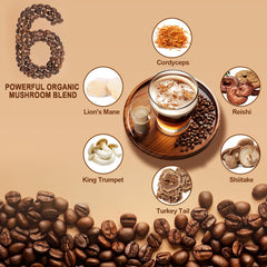 Illustration showing six mushrooms: Lion’s Mane, Reishi, Cordyceps, Shiitake, King Trumpet, Turkey Tail