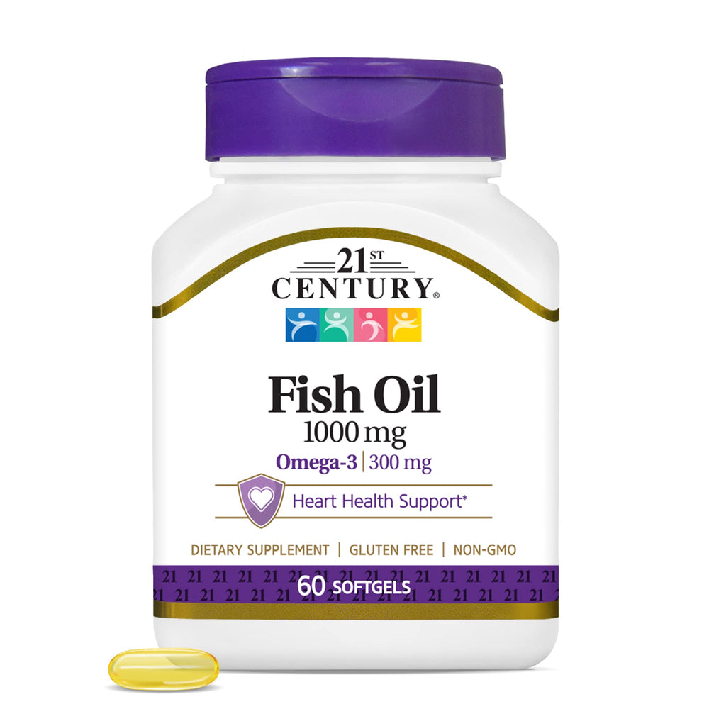 Front label of 21st Century Fish Oil 1000 mg softgels bottle