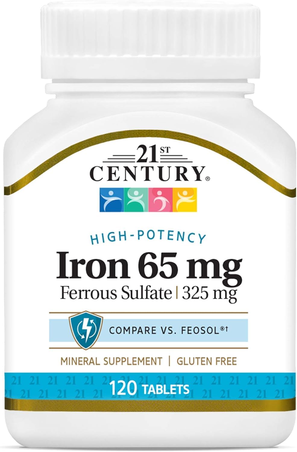 Front view of 21st Century Iron 65 mg ferrous sulfate 325 mg tablets bottle
