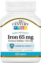 Front view of 21st Century Iron 65 mg ferrous sulfate 325 mg tablets bottle