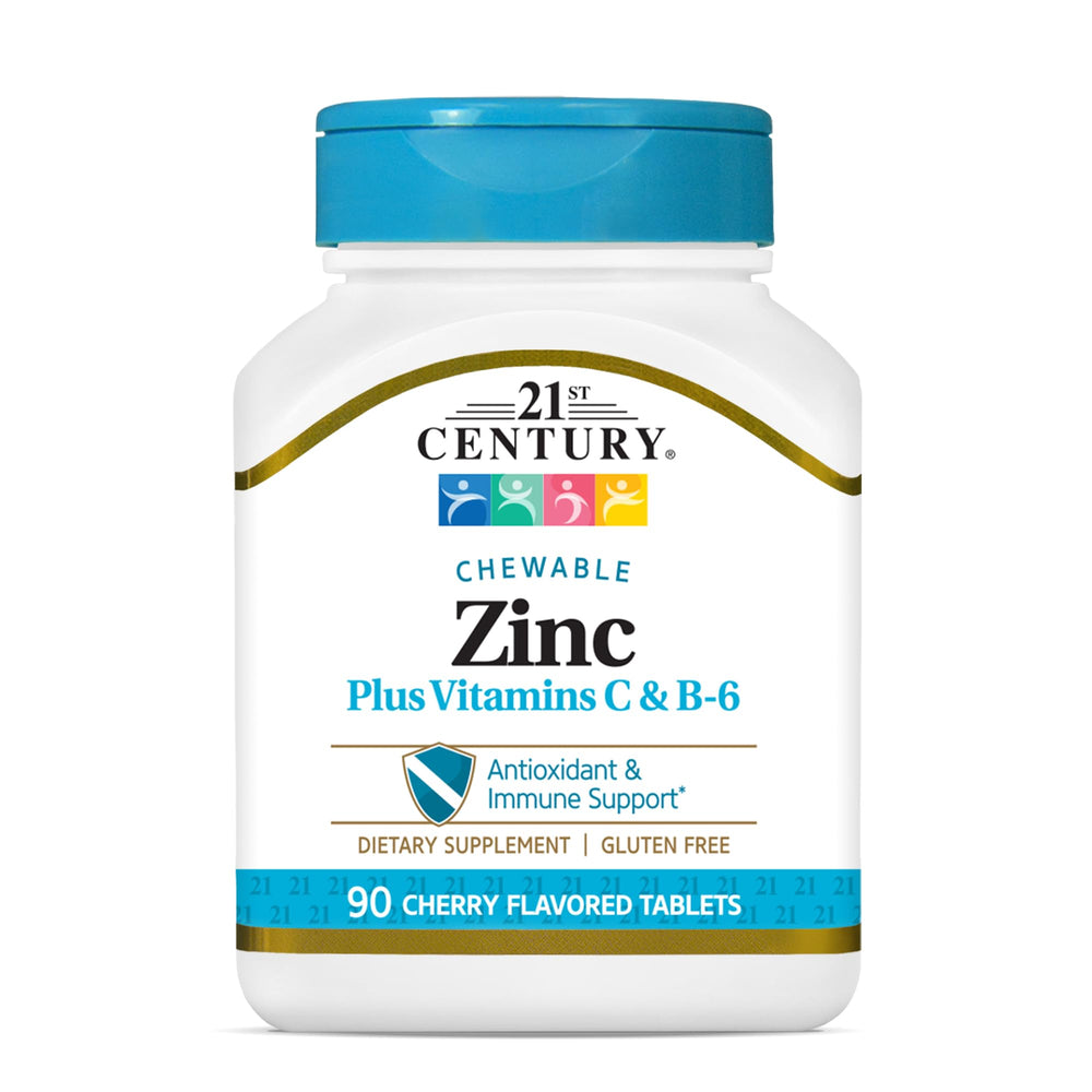 Front view of 21st Century Zinc Chewable with C & B6 Cherry flavor bottle, 90 count