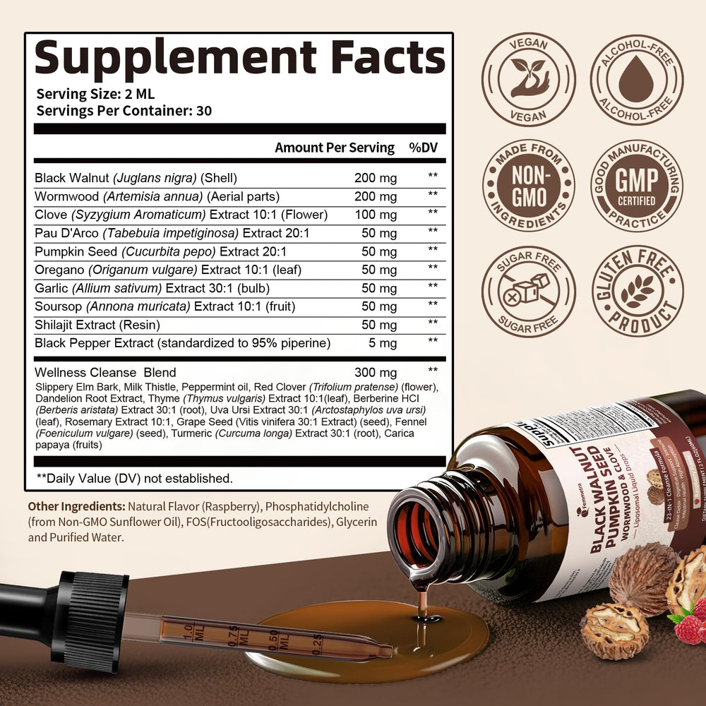 Illustration of 23-in-1 cleanse formula ingredients including black walnut, wormwood and clove