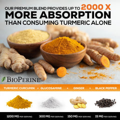 Bottle containing 240 capsules of turmeric curcumin with glucosamine, ginger and Bioperine