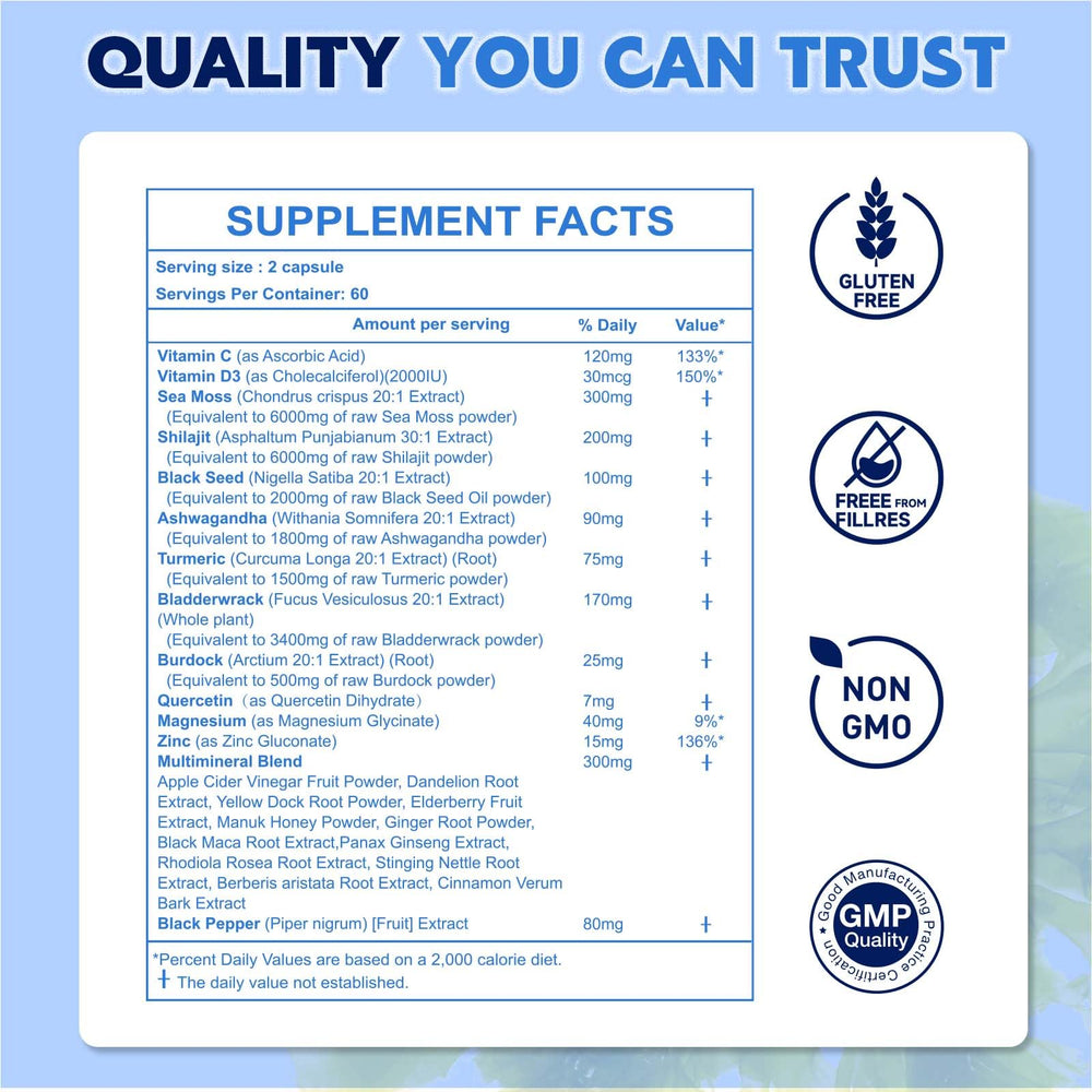 Ginger root, black seed oil and sea moss imagery with capsules