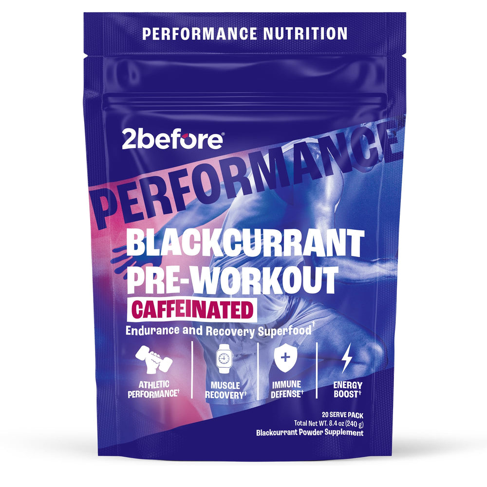 Front view of 2before Blackcurrant Pre Workout pouch
