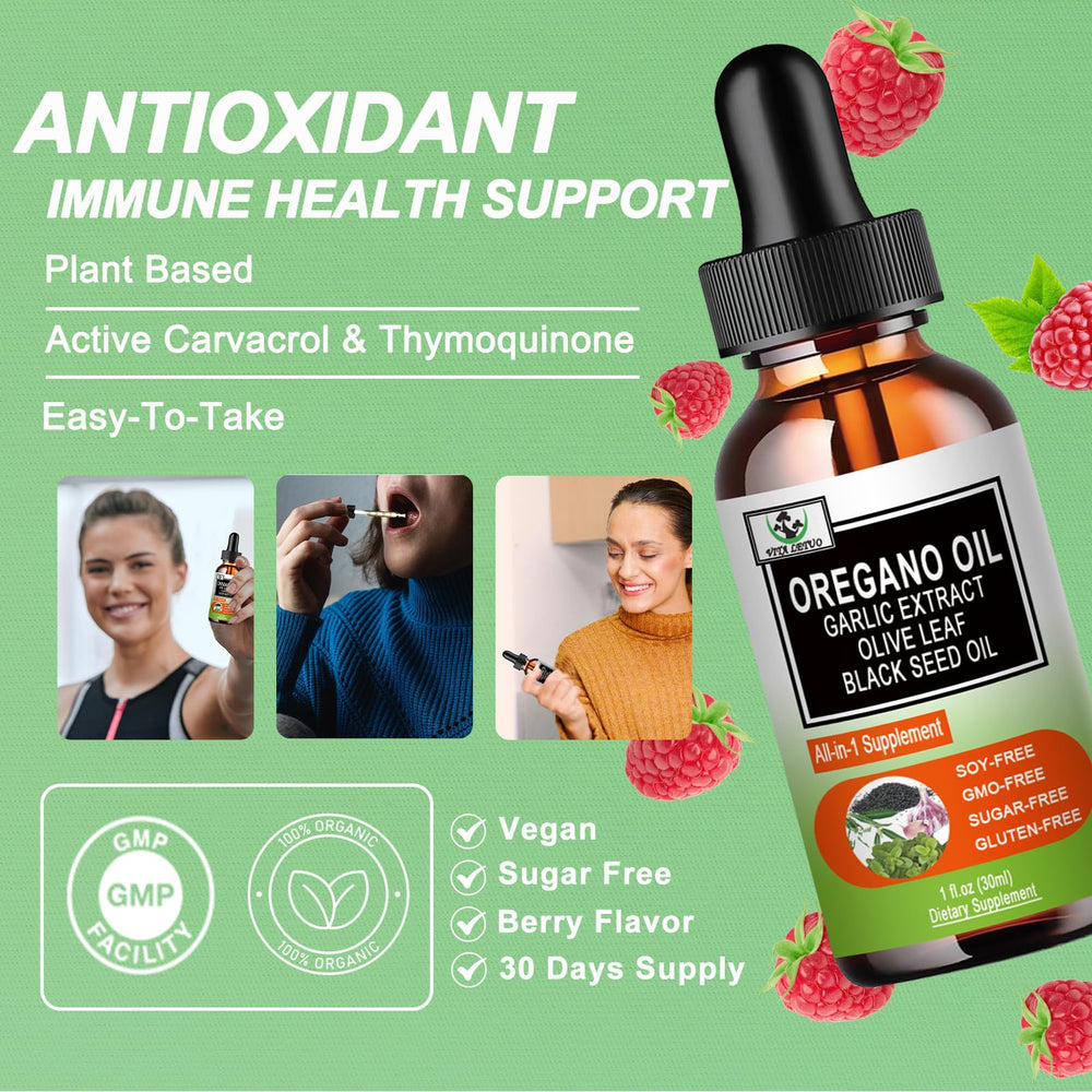 Close-up of oregano oil with black seed oil drops and garlic-elderberry ingredients