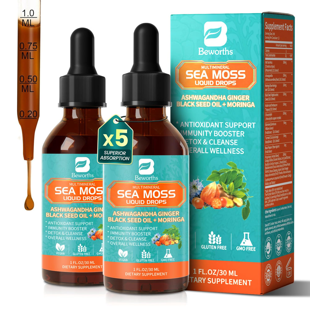 Bottle of 2PACK Sea Moss Drops featuring Irish sea moss and chlorophyll