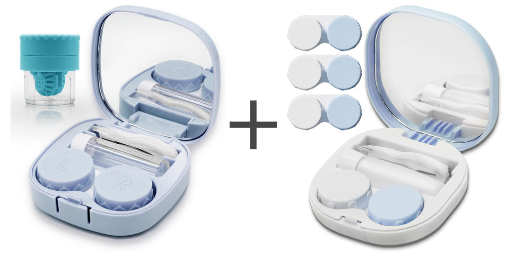 Blue 2-piece contact lens case kit with washer - front view