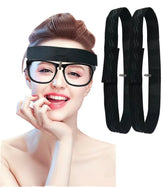 Two-piece eyeglass holder for rhinoplasty in black with silicone-lined non-slip band (close-up).