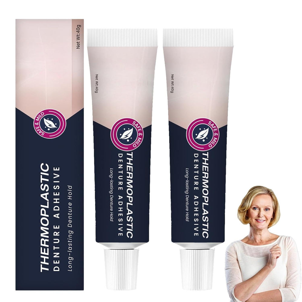 Packaging for 2-piece thermoplastic denture adhesive